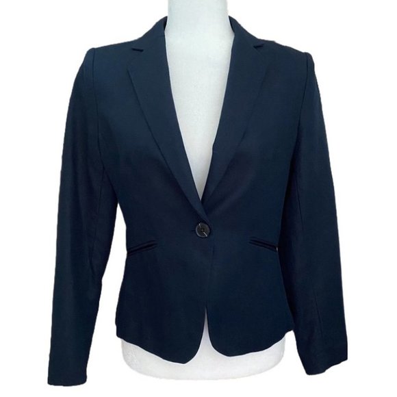 H&M Cropped Linen Cotton Blend Navy Blue Blazer, 8